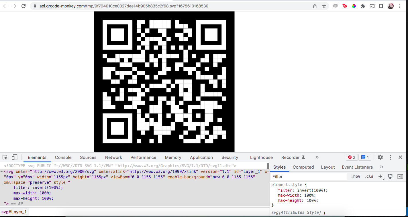 screenshot of an svg QR code, inverted, including the developer tools and the style described above
